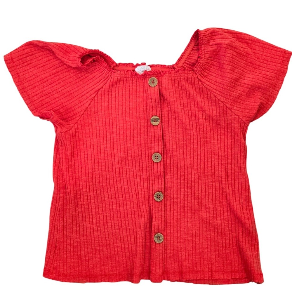 Red Ribbed Button-Front Top, Puff Sleeves,‎ Square Neck, Casual Everyday